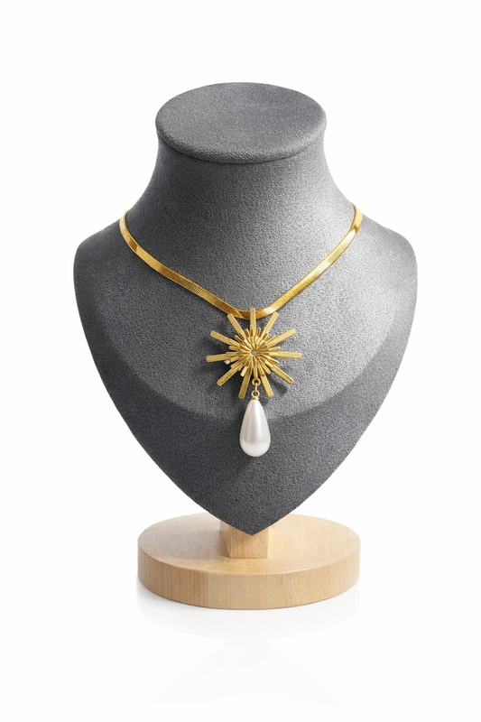 Golden Sunburst Pearl Drop Necklace