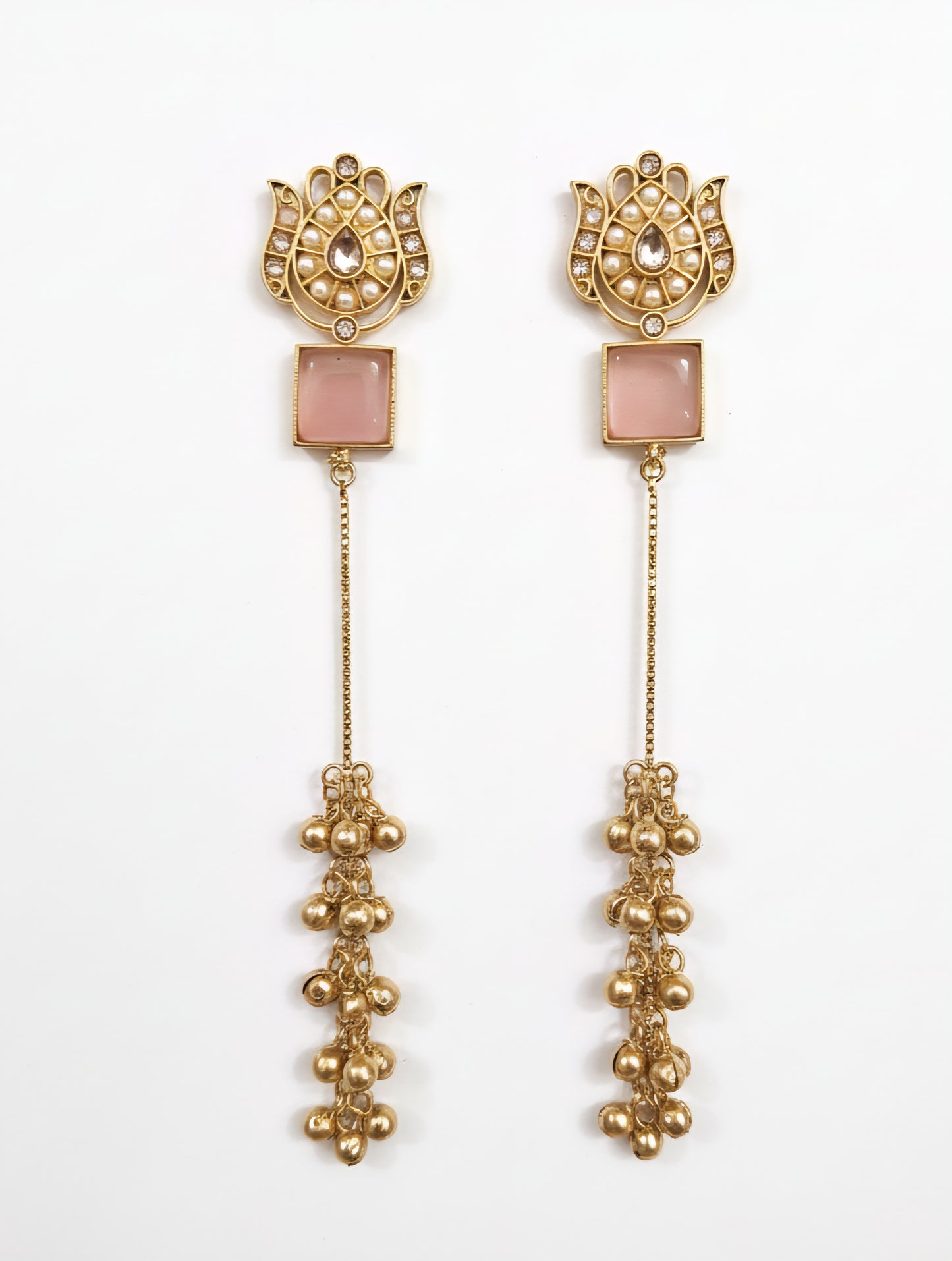 Lotus Motif Pink Stone Long Dangler Earrings