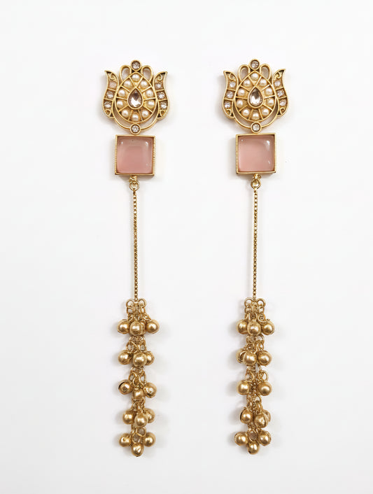 Lotus Motif Pink Stone Long Dangler Earrings