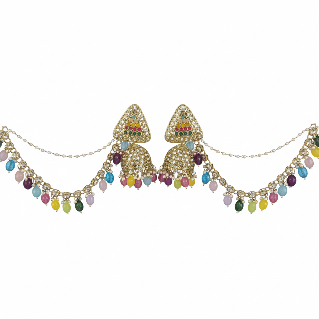 Earrings with Multicolor Beads & Ear Chain (Kanchain)