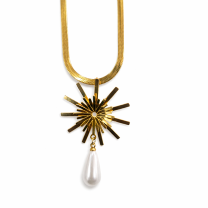 Golden Sunburst Pearl Drop Necklace