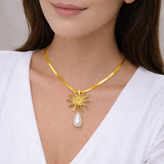 Golden Sunburst Pearl Drop Necklace