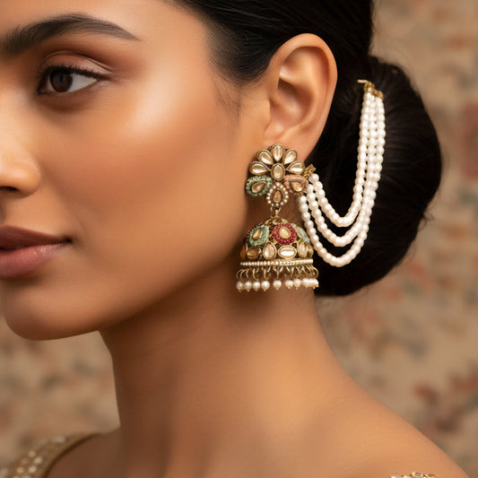Pearl Chain Kundan Jhumka Earrings