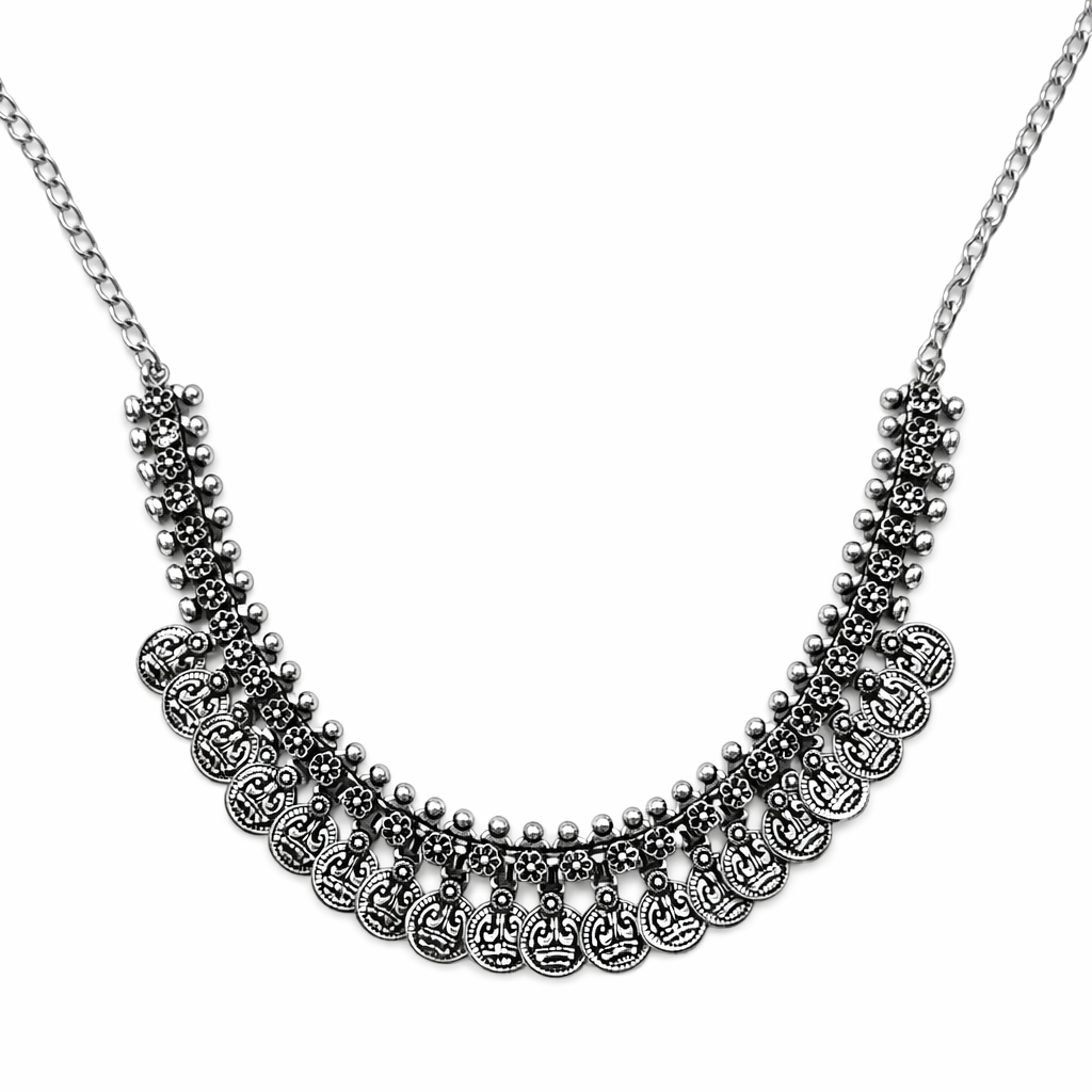 Handcrafted Oxidised Silver Look Coin Necklace