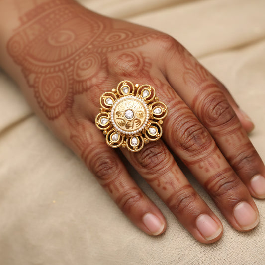 Kundan Floral Statement Ring with Pearl Detailing