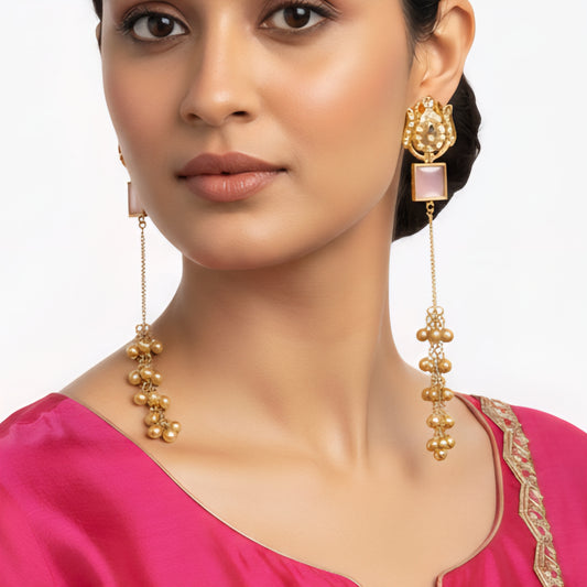 Lotus Motif Pink Stone Long Dangler Earrings