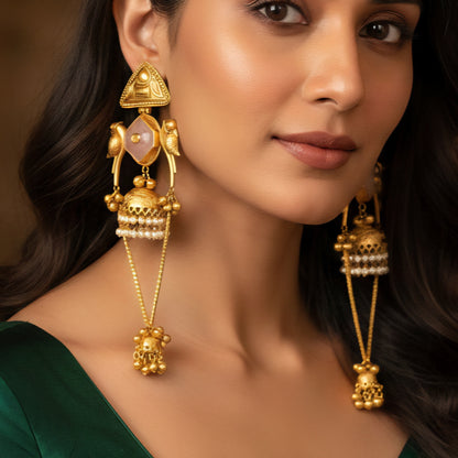 Bird Motif Pink Stone Jhumka Earrings
