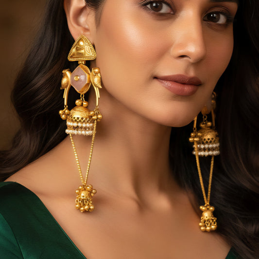 Bird Motif Pink Stone Jhumka Earrings