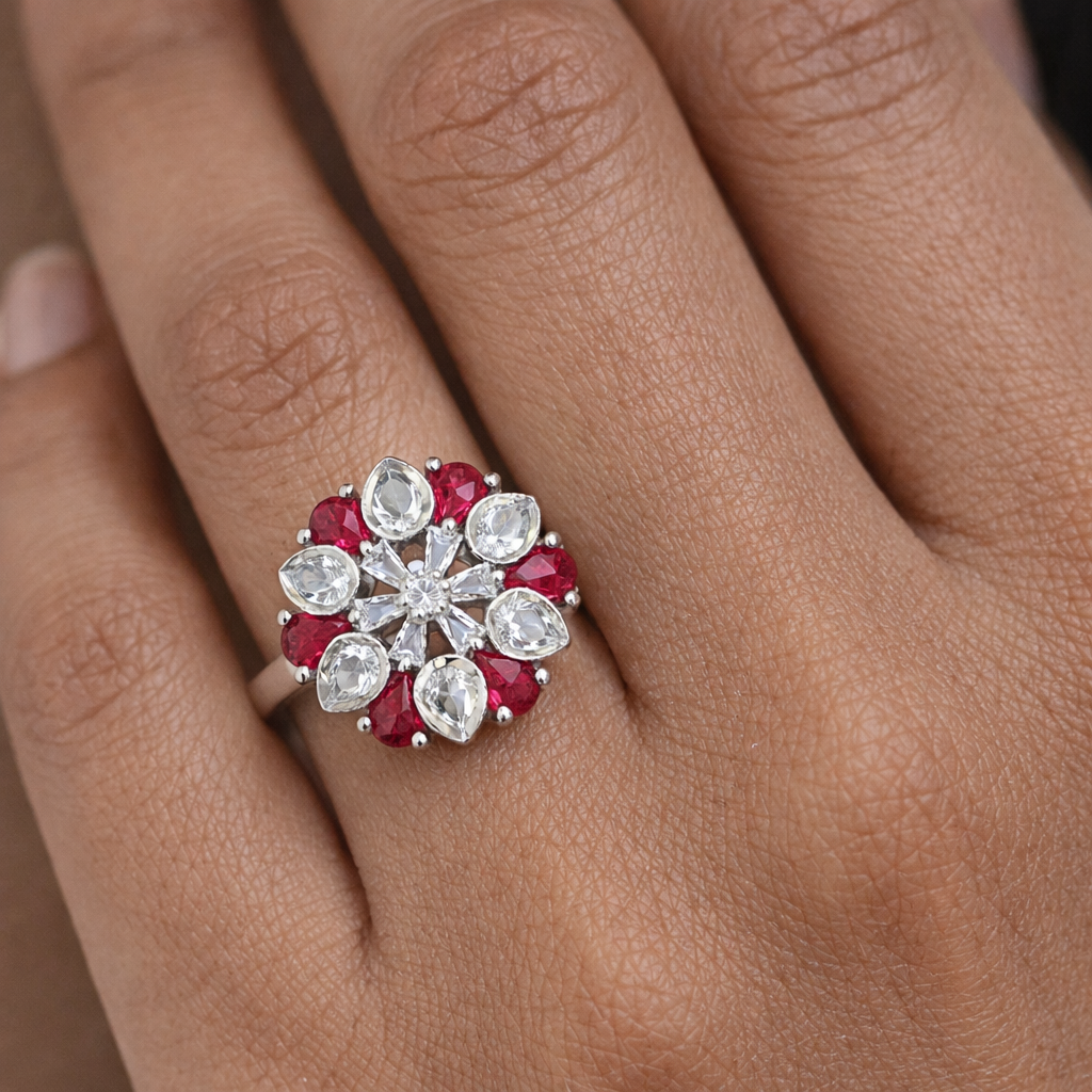 Floral Ruby & White Stone Cluster Ring