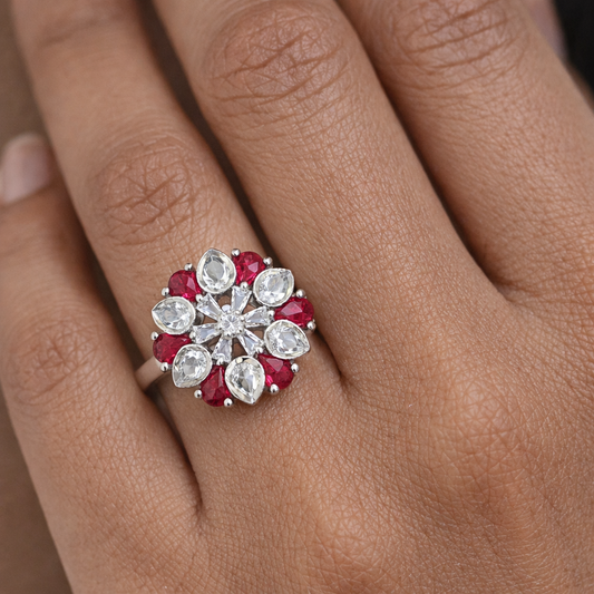 Floral Ruby & White Stone Cluster Ring