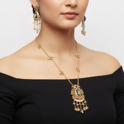 Temple Style Green Stone Pendant Necklace Set