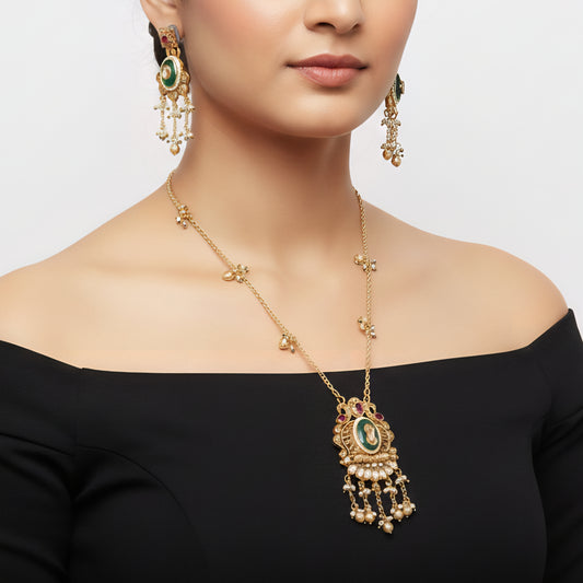 Temple Style Green Stone Pendant Necklace Set