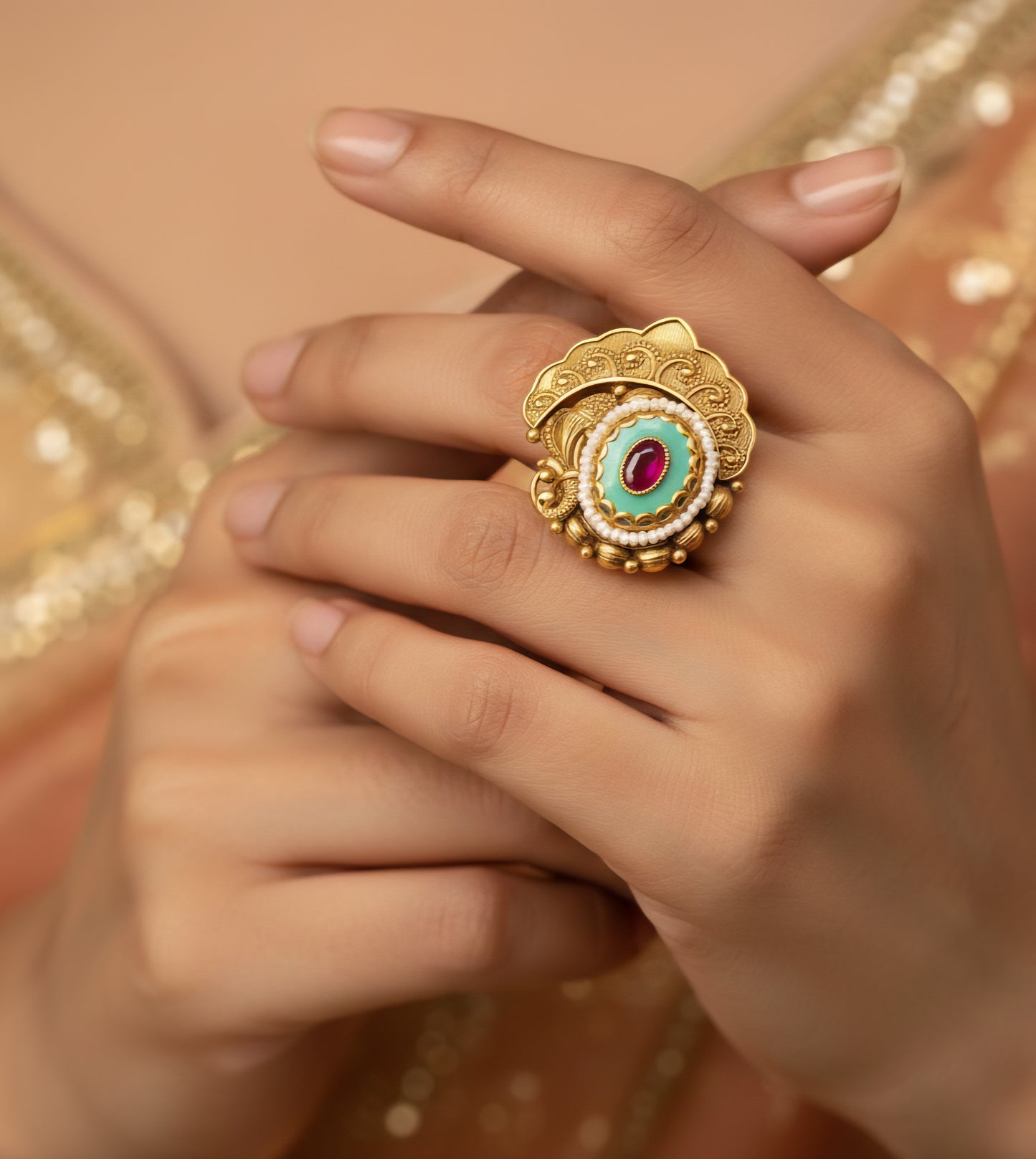 Kundan-Style Statement Ring with Pearl & Ruby Accent