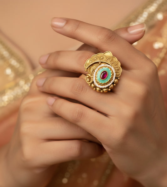 Kundan-Style Statement Ring with Pearl & Ruby Accent