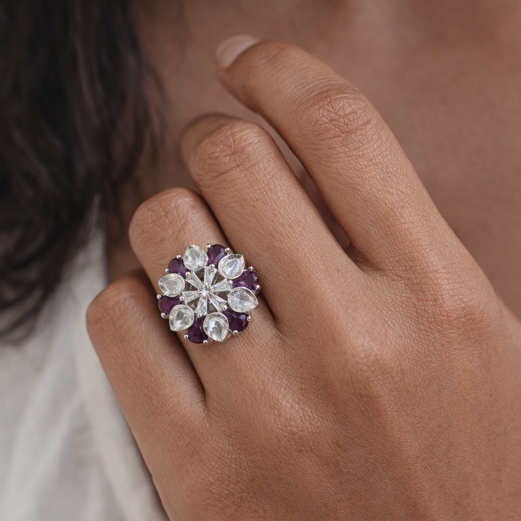 Floral Ruby & White Stone Cluster Ring