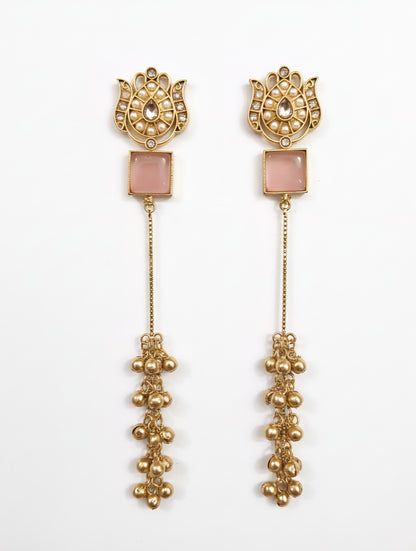 Lotus Motif Pink Stone Long Dangler Earrings