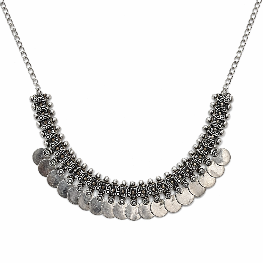Handcrafted Oxidised Silver Look Coin Necklace