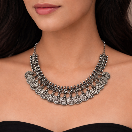 Handcrafted Oxidised Silver Look Coin Necklace