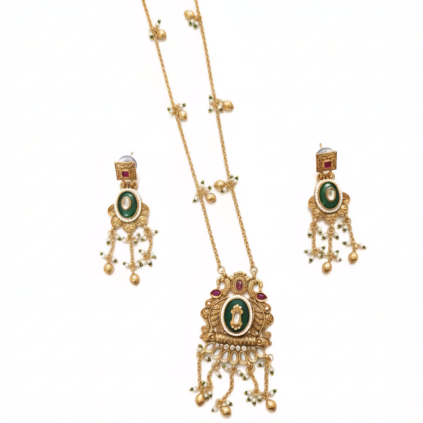 Temple Style Green Stone Pendant Necklace Set