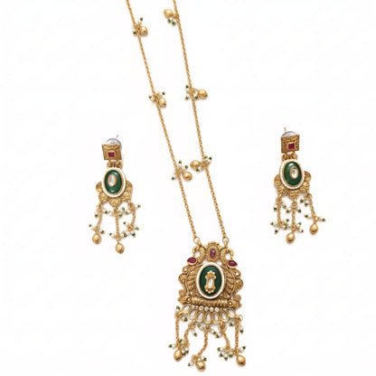 Temple Style Green Stone Pendant Necklace Set