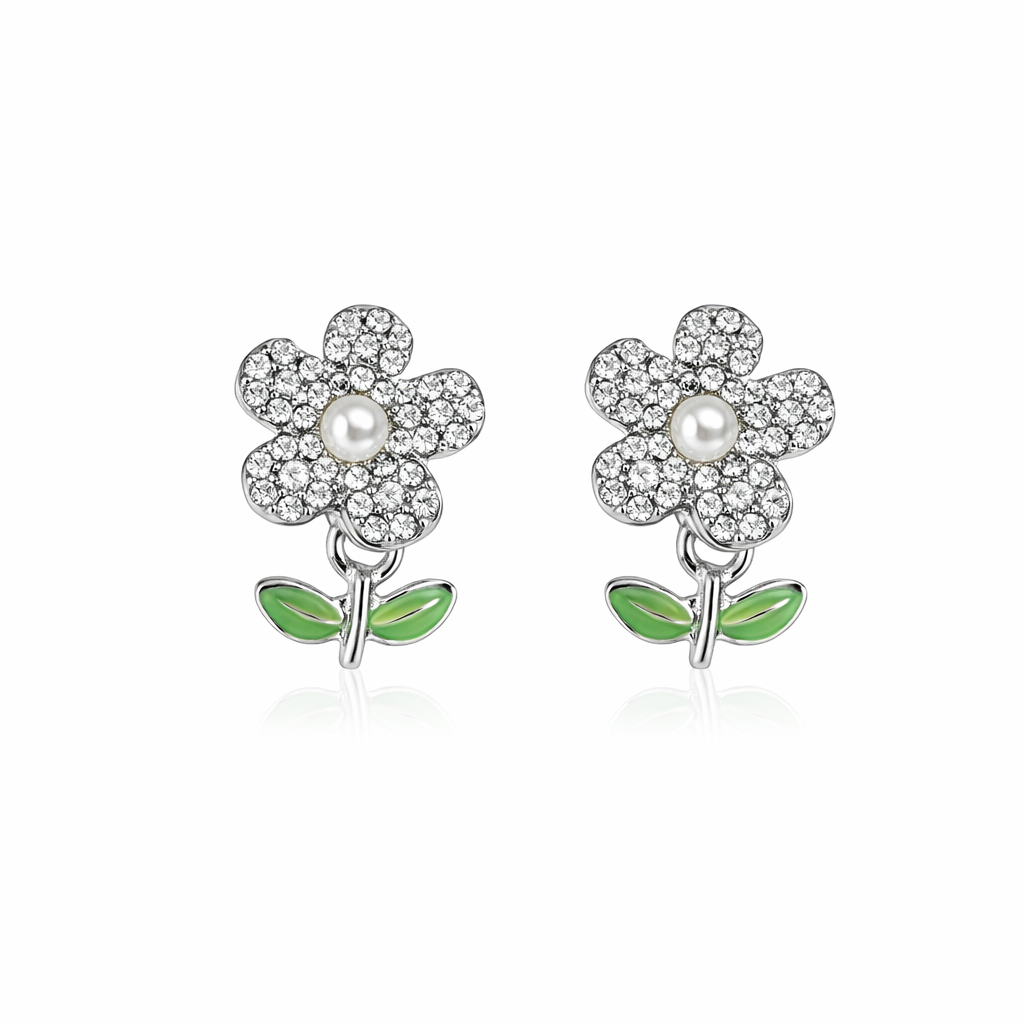 Crystal Bloom Pearl Floral Stud Earrings