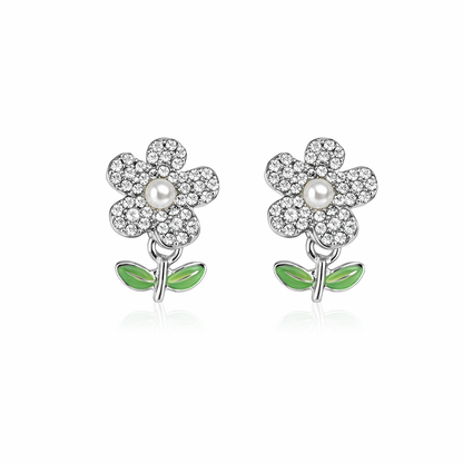 Crystal Bloom Pearl Floral Stud Earrings