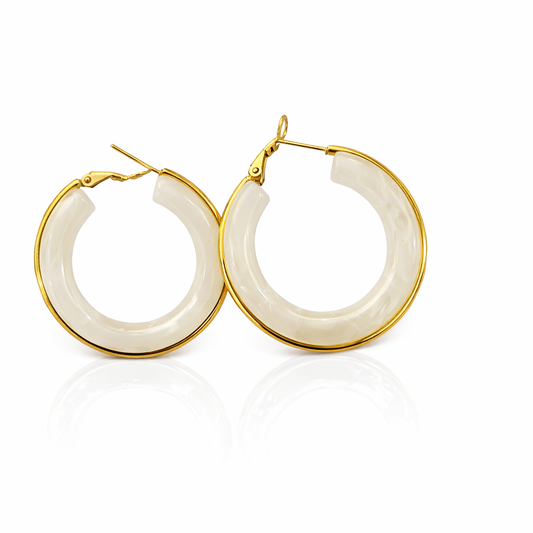 Ivory Resin Hoop Earrings with Gold Trim