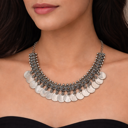 Handcrafted Oxidised Silver Look Coin Necklace