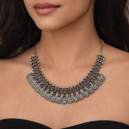 Oxidised Silver Look Coin Necklace
