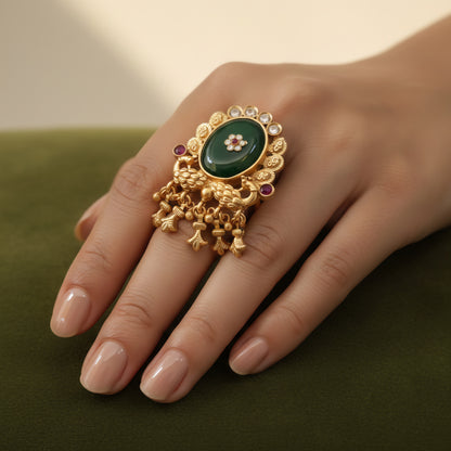 Green Stone Statement Ring with Dangling Charms