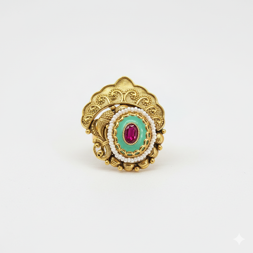 Kundan-Style Statement Ring with Pearl & Ruby Accent