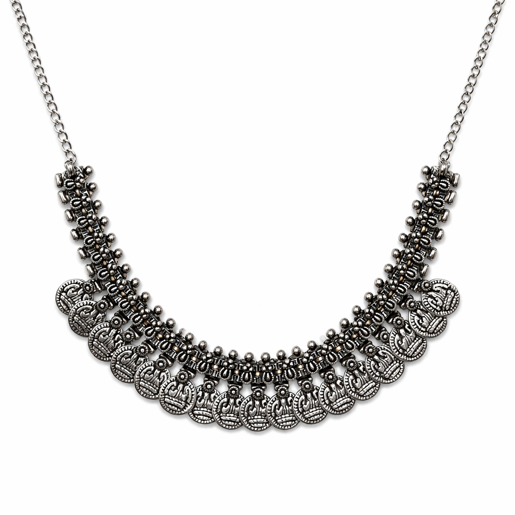 Oxidised Silver Look Coin Necklace