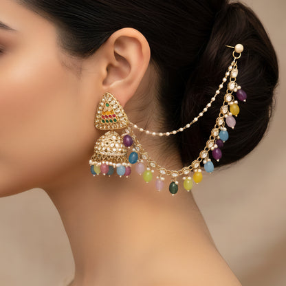 Earrings with Multicolor Beads & Ear Chain (Kanchain)