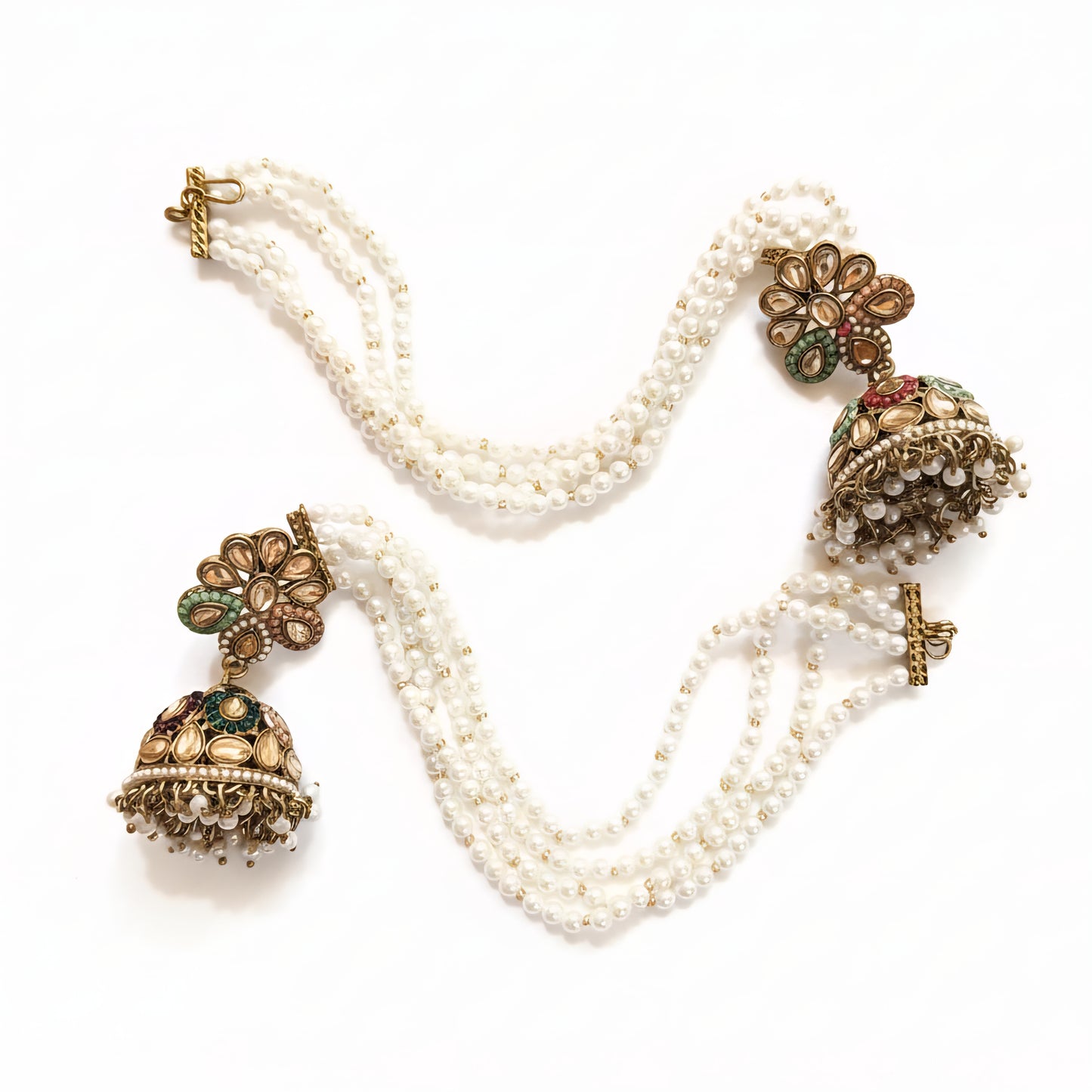 Pearl Chain Kundan Jhumka Earrings
