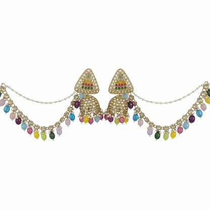 Earrings with Multicolor Beads & Ear Chain (Kanchain)