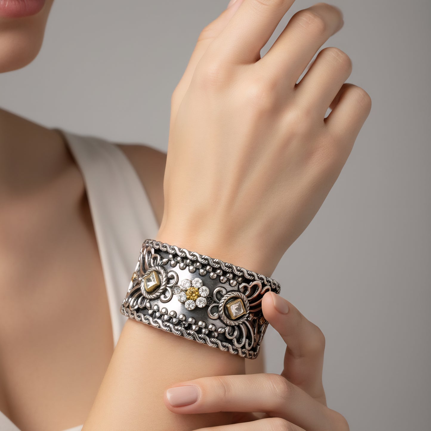 Oxidised Silver Look Wide Cuff Bracelet