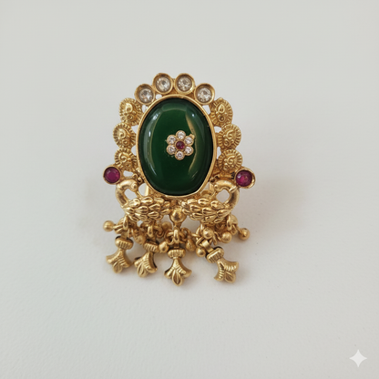 Green Stone Statement Ring with Dangling Charms