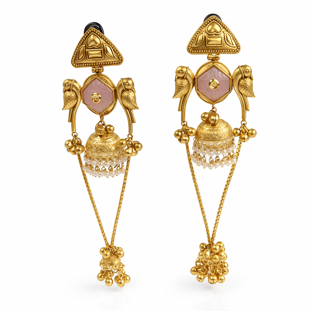 Bird Motif Pink Stone Jhumka Earrings
